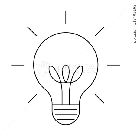 Outline of a light bulb with rays emanating, symbolizing ideas and innovation. Ideal for creative concepts, brainstorming sessions, new solutions, education, and inspiration. Simple minimalist style 118403165