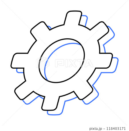 Black and white gear with a blue outline signifies mechanics and configuration. Ideal for technical, engineering, machinery, settings, and interface themes. Simple, line art style. Black and white gear with a blue outline signifies mechanics and configuration. Ideal for technical, engineering, machinery, settings, and interface themes. Simple, line art style. 118403171