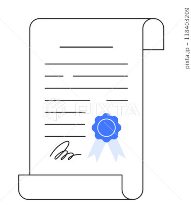 A rolled parchment with text lines, featuring a blue ribbon badge and a signature at the bottom. Ideal for award certificates, academic achievements, official documentations, recognitions, and ceremon 118403209