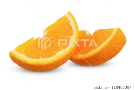 Sliced Orange fruit isolated on white background. 118403394
