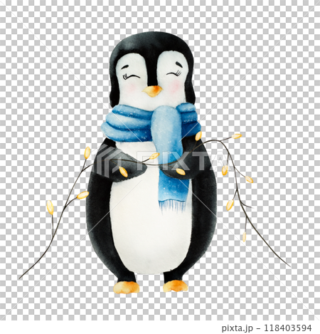 Cute smiling penguin wearing a blue scarf. Garland with gold lanterns. Christmas north animal, watercolor hand painted illustration isolated on background. For designers, decoration, shop, for 118403594