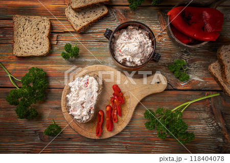 Delicious creamy spread with roasted red peppers Delicious creamy spread with roasted red peppers 118404078