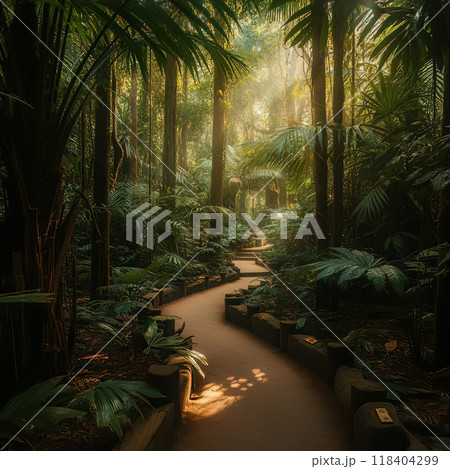 Sunlit Pathway Through Lush Tropical Jungle with Dense Foliage 118404299