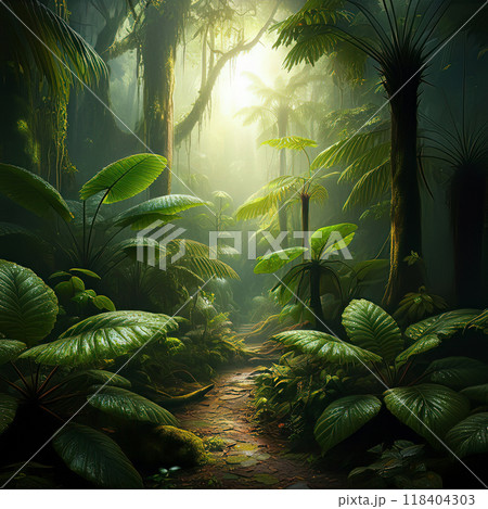 Tropical Rainforest Path with Large Dewy Leaves and Sunlit Canopy 118404303