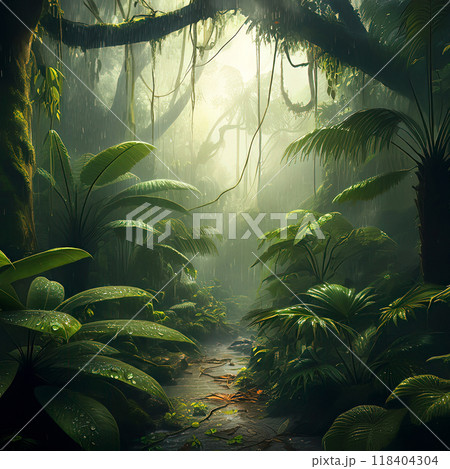 Rainfall in Lush Tropical Rainforest with Large Dewy Leaves and Jungle Path 118404304
