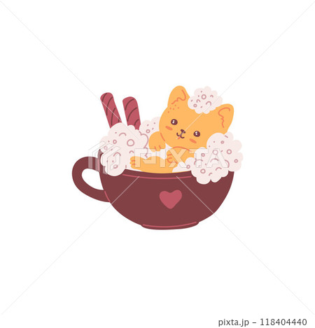 Cute kawaii cat in a mug surrounded by whipped cream and cookies. 118404440