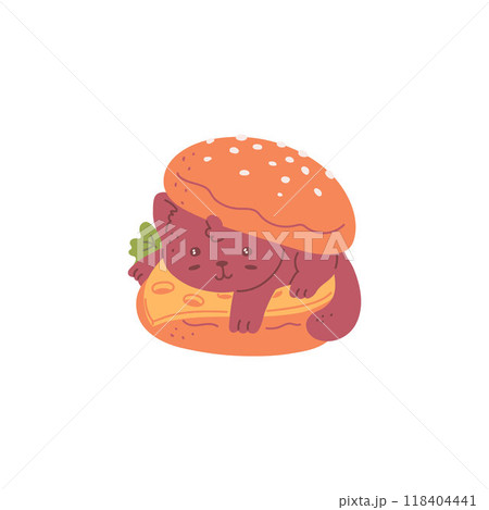 Cute cat in burger icon, funny cheeseburger with kitten, cheese and bun, vector cartoon animal food children cafe menu 118404441