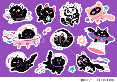 Kittens flying in space. Sticker set. 118404460