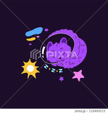Cute purple cat astronaut sleeping in space, cartoon kitten cosmonaut flying in starry sky, vector fantasy funny pet Cute purple cat astronaut sleeping in space, cartoon kitten cosmonaut flying in starry sky, vector fantasy funny pet 118404515