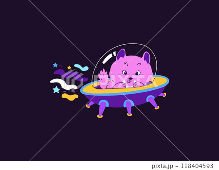 Cute pink cat astronaut flies on UFO spaceship in sky, vector cartoon fantasy funny kitten cosmonaut in space shuttle 118404593