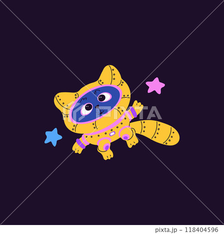 Cute cat astronaut in spacesuit in space, cartoon kitten cosmonaut flying in night starry sky, vector fantasy funny pet 118404596