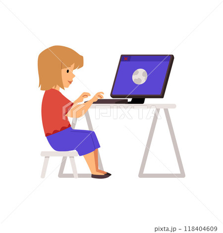 Girl is typing on the keyboard, looking at the computer monitor. 118404609