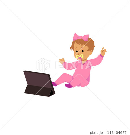 Cute baby with pacifier sitting and looking at smartphone or tablet device, vector cartoon little girl using gadget 118404675