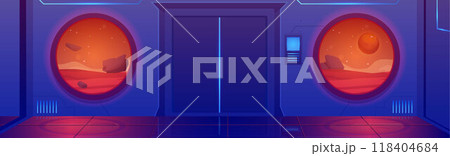 Space ship interior vector game sci-fi background, spacecraft shuttle door, round windows view alien red planet surface 118404684