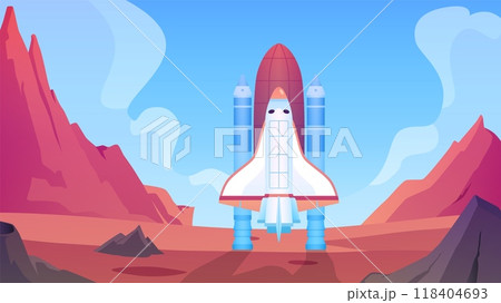 Vector illustration of a rocket standing on the rocky surface of the red planet Vector illustration of a rocket standing on the rocky surface of the red planet 118404693