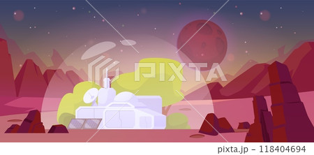 Alien landscape with desert mountains and a research station under a dome. Alien landscape with desert mountains and a research station under a dome. 118404694