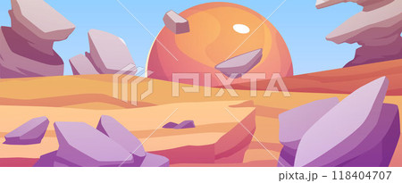 Cosmic alien vector game landscape, desert surface with mountains and flying rocks, fantasy space planet in the sky Cosmic alien vector game landscape, desert surface with mountains and flying rocks, fantasy space planet in the sky 118404707