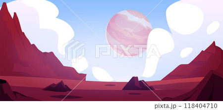 Cosmic alien game landscape, dusk dawn desert surface with mountains, vector fantasy space planet in the sky background Cosmic alien game landscape, dusk dawn desert surface with mountains, vector fantasy space planet in the sky background 118404710