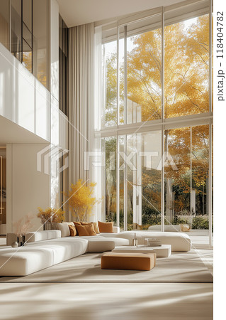 Spacious modern living room with large windows and autumn view Spacious modern living room with large windows and autumn view 118404782