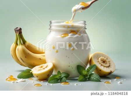 homemade milk yogurt with banana pieces and honey 118404818