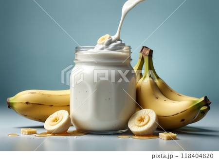 homemade milk yogurt with banana pieces and honey 118404820