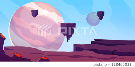 Vector illustration of the planet's surface showing a rocky terrain with cracks and levitating platforms. 118405031