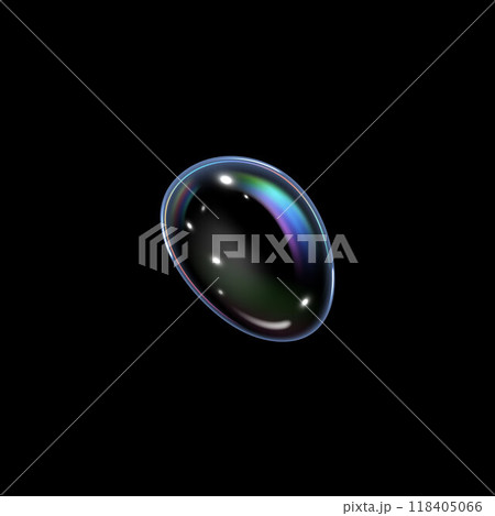 Realistic soap bubble with rainbow reflection, vector glossy 3D volume round water drop with holographic effect, glares 118405066