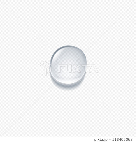 Realistic transparent water drop, vector 3D glass liquid overlay effect, volume round aqua droplet, glossy gel bubble 118405068