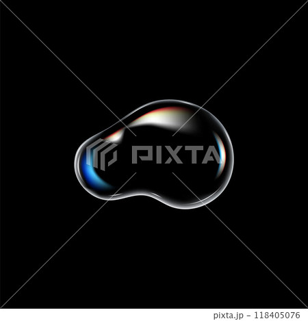 Realistic water drop, vector soap bubble, 3D glass rounded liquid droplet fluid shape with holographic effect and glares 118405076