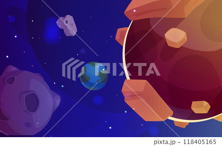 Vector graphics of the game universe depicting the earth, fantastic planets, asteroids and stars 118405165