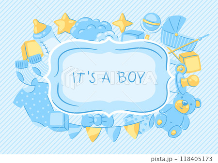Baby shower greeting card. New born baby boy Happy Birthday. 118405173