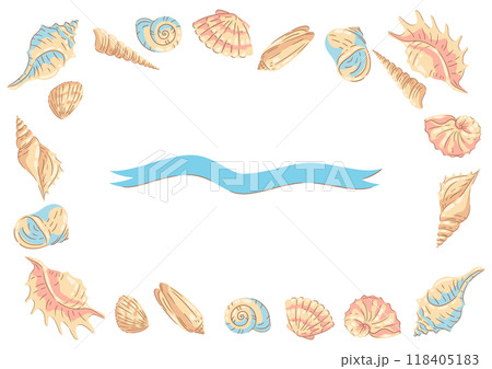 Frame with seashells. Tropical underwater mollusk shells illustration. Frame with seashells. Tropical underwater mollusk shells illustration. 118405183