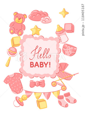 Baby shower frame. New born baby boy Happy Birthday. 118405187