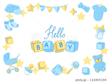 Baby shower frame. New born baby boy Happy Birthday. Baby shower frame. New born baby boy Happy Birthday. 118405194