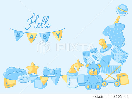 Baby shower greeting card. New born baby boy Happy Birthday. 118405196