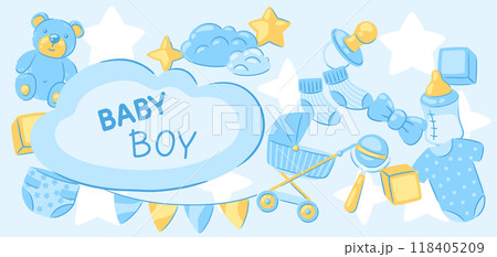 Baby shower greeting card. New born baby boy Happy Birthday. Baby shower greeting card. New born baby boy Happy Birthday. 118405209