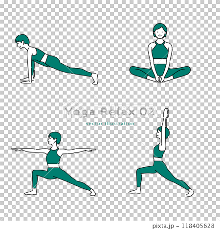 Simple line drawing of a woman doing yoga pose 02 118405628