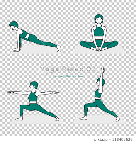 Simple line drawing of a woman doing yoga pose 02 118405629