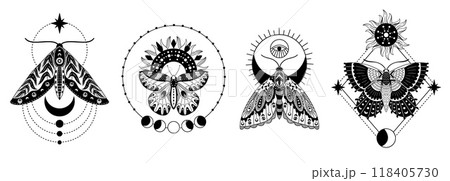 Mystical butterfly astrology concept. Astrological butterfly zodiac sign, magic esoteric tarot and oracle symbol, vintage hand drawn engraving. Vector set Mystical butterfly astrology concept. Astrological butterfly zodiac sign, magic esoteric tarot and oracle symbol, vintage hand drawn engraving. Vector set 118405730