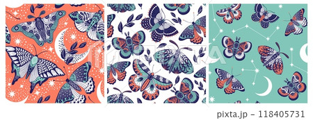 Boho butterfly pattern. Seamless print of moth and astrologic mystic symbols with abstract fantasy insects, ethnic fabric textile design. Vector texture 118405731