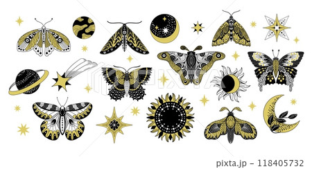 Celestial boho butterflies. Bohemian magic ethnic butterfly sketch, vintage decorative cosmic insect tattoo design. Vector isolated set 118405732