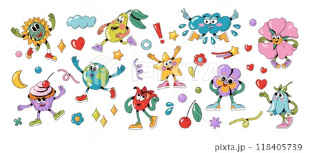 Groovy cartoon characters. Cute 70s 80s retro comic abstract groovy figures, colorful funny doodle psychedelic people with different emotions. Vector isolated set Groovy cartoon characters. Cute 70s 80s retro comic abstract groovy figures, colorful funny doodle psychedelic people with different emotions. Vector isolated set 118405739