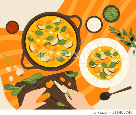 Cooking soup process. Cartoon pots with vegetable ingredients on fire, healthy homemade meal preparation, vegan soup in pan. Vector flat illustration Cooking soup process. Cartoon pots with vegetable ingredients on fire, healthy homemade meal preparation, vegan soup in pan. Vector flat illustration 118405740