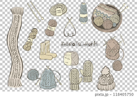 Set of hand drawn simple knitting image illustrations 118405750