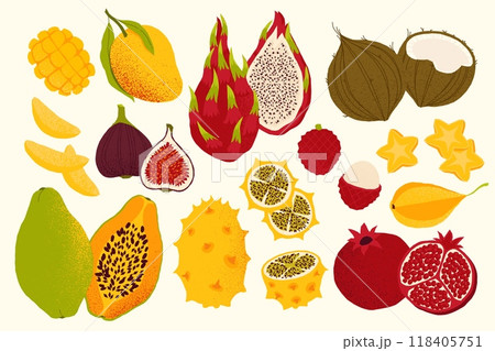 Sliced fruits. Cartoon exotic ripe fruit pieces, colorful tropical sweet and sour berry and citrus fruits flat style. Vector isolated collection 118405751