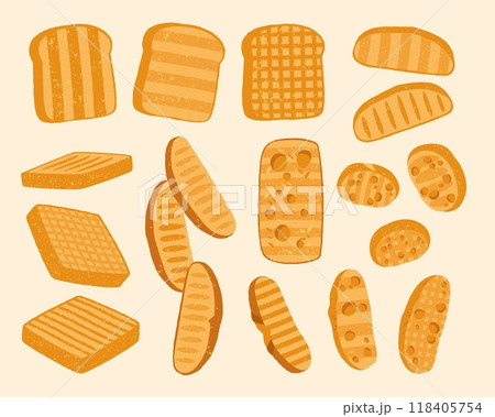 Cartoon toasts. Wholemeal bread toast slices and whole grain croutons, roasted healthy meal products for breakfast, bakery products to prepare. Vector set 118405754