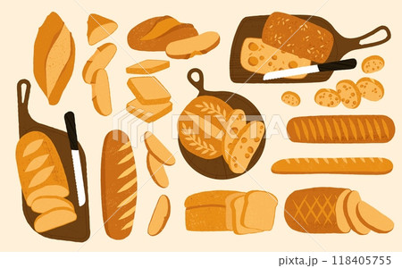 Cartoon sliced bread. Whole and cut baguette, french bakery products with slices, fresh baked dough food, sliced toasts. Vector bakery set Cartoon sliced bread. Whole and cut baguette, french bakery products with slices, fresh baked dough food, sliced toasts. Vector bakery set 118405755