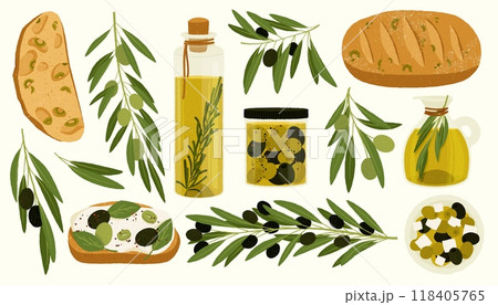 Olive products. Cartoon organic oil and leaf, natural olive cosmetic ingredients for skin care, healthy vegetarian food. Vector isolated set Olive products. Cartoon organic oil and leaf, natural olive cosmetic ingredients for skin care, healthy vegetarian food. Vector isolated set 118405765