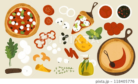 Pizza ingredients. Cartoon pizza with cheese, tomato sauce, pepperoni and mushrooms, italian homemade food flat style. Vector isolated set 118405776