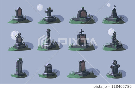 Empty tombstones. Cartoon grave stone with cross RIP inscription, cemetery headstone with empty space for text. Vector funeral memorial isolated set 118405786